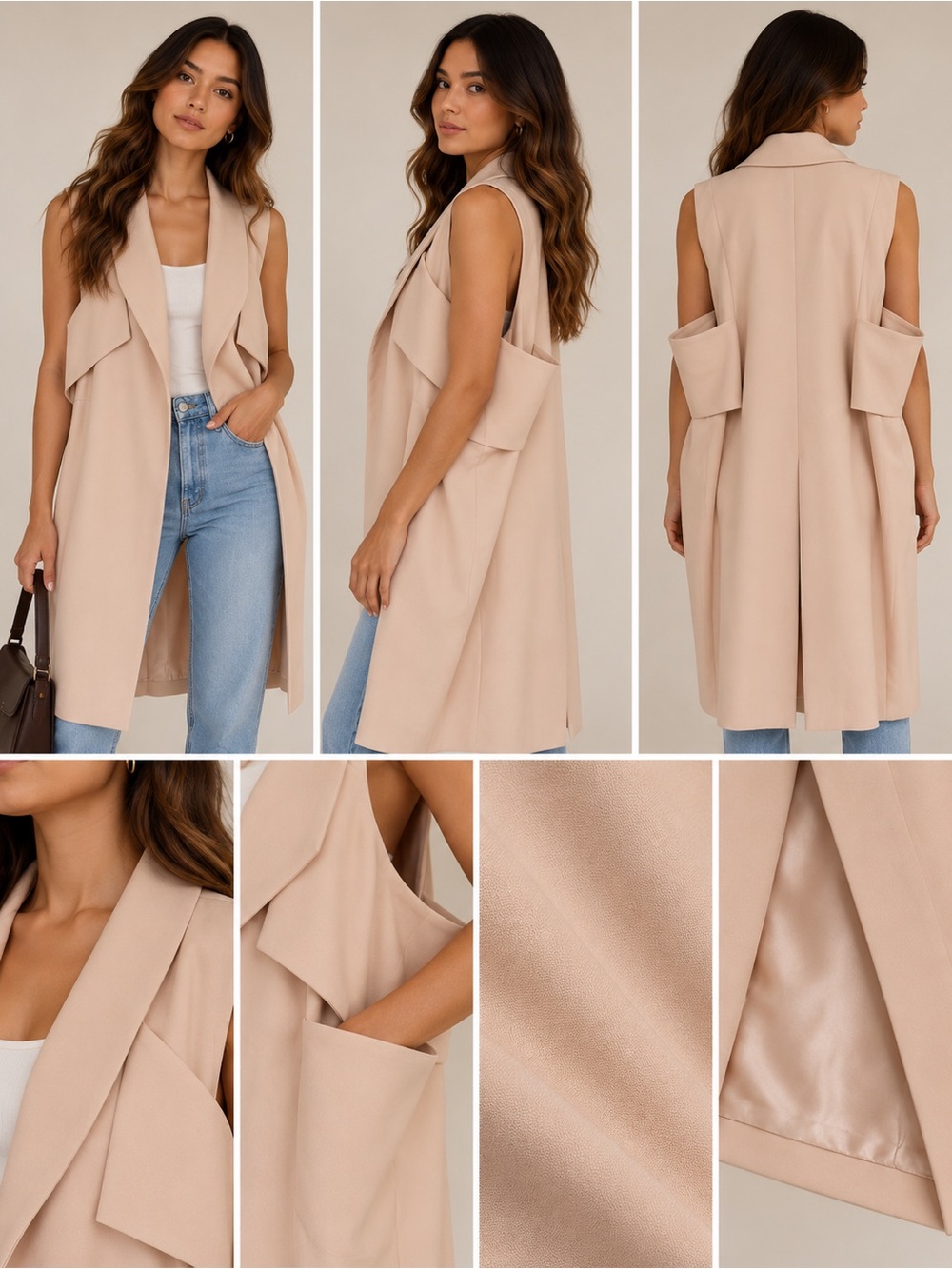 Sleeveless Long Trench Vest - Beige